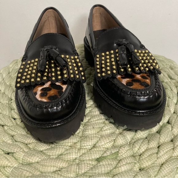 NWOB G.H Bass Weejuns Esther Stud Black Leather Leopard Super Lug Kiltie Loafers - Picture 6 of 10
